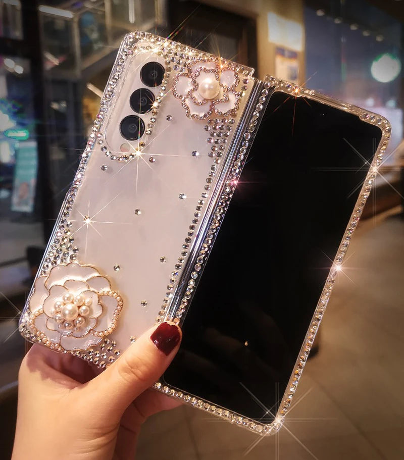 Luxury Diamond Pearl Camellia Phone Cover for  Galaxy Z Fold 5 4 3 2 Bling Rhinestone Flower Transparent Hard PC Case