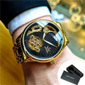 Luxury Stainless Steel Strap Moon Phase Tourbillon Automatic Mechanical Watch with Gold Skeleton Design and Luminous Hands