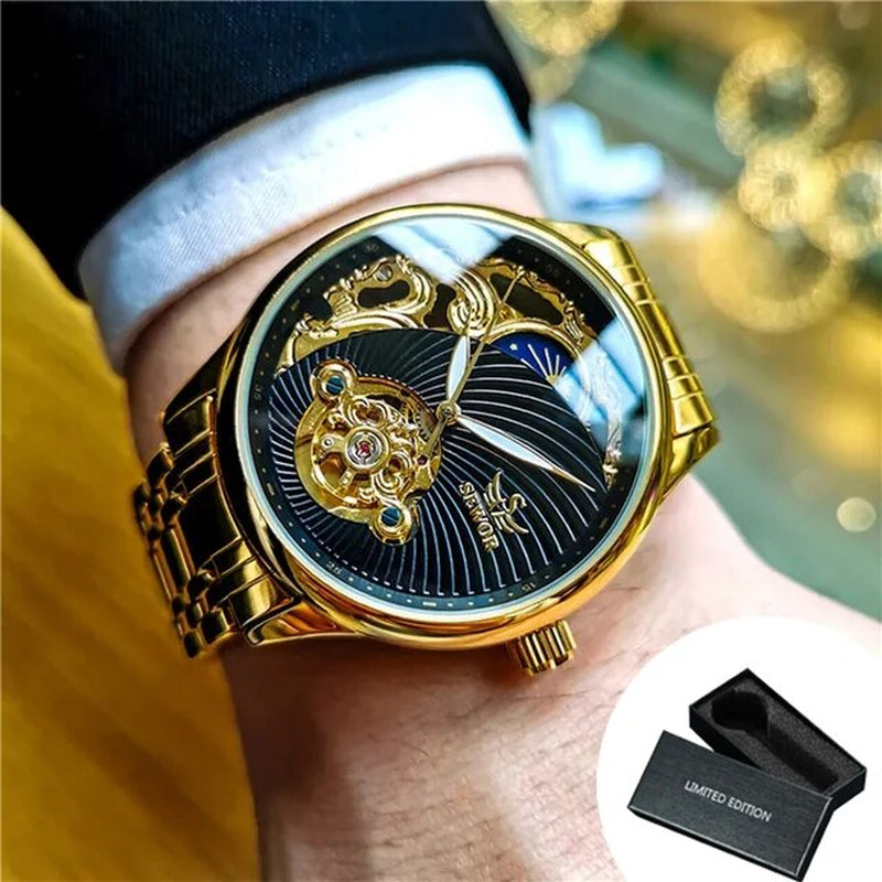 Luxury Stainless Steel Strap Moon Phase Tourbillon Automatic Mechanical Watch with Gold Skeleton Design and Luminous Hands