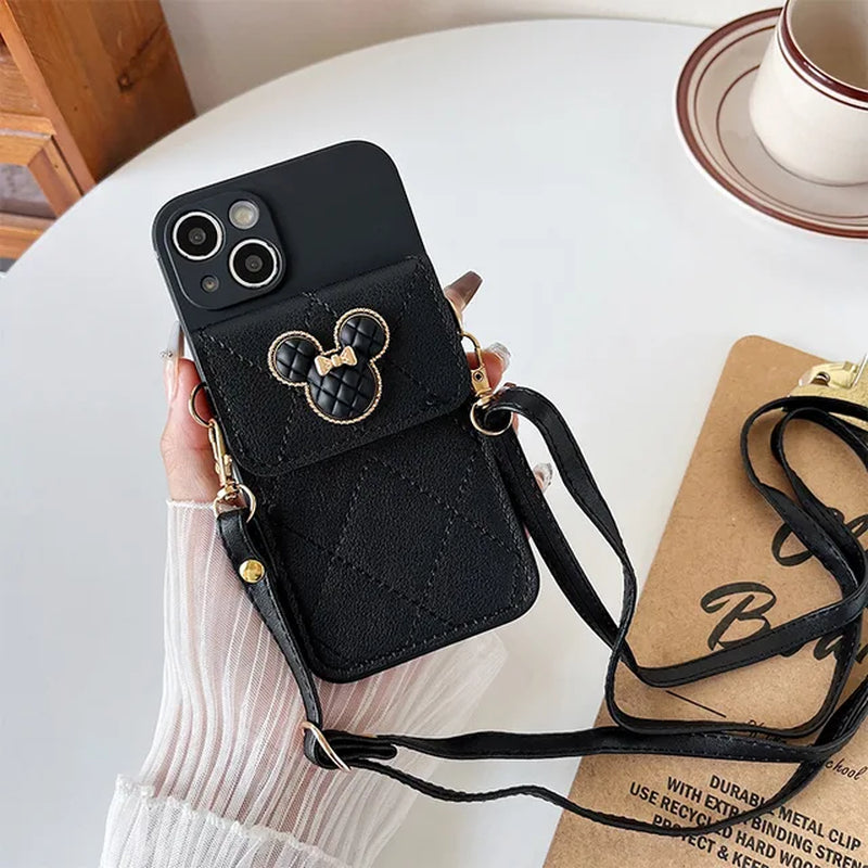 Cartoon Diamond Leather Wallet Soft Case for Iphone 14 13 11 15 Pro Max 12 Mini XS XR X 8 7 plus SE2022 14Pro with Lanyard Cover