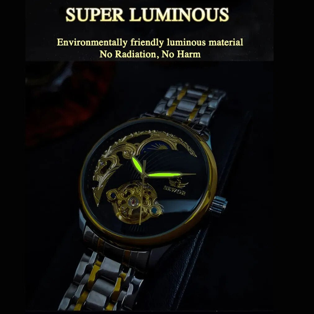 Luxury Stainless Steel Strap Moon Phase Tourbillon Automatic Mechanical Watch with Gold Skeleton Design and Luminous Hands