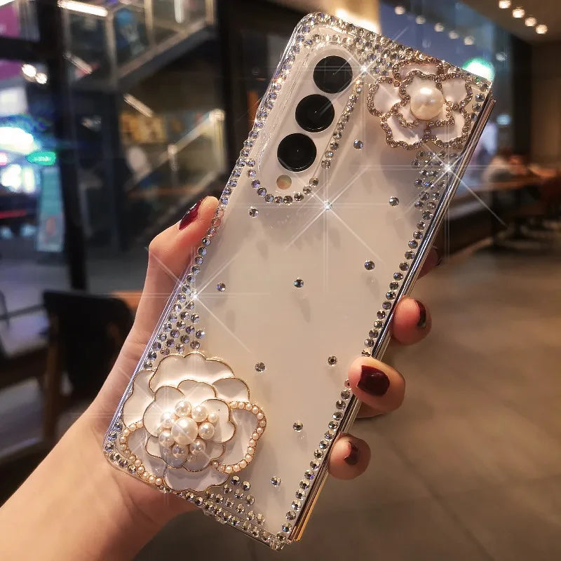 Luxury Diamond Pearl Camellia Phone Cover for  Galaxy Z Fold 5 4 3 2 Bling Rhinestone Flower Transparent Hard PC Case