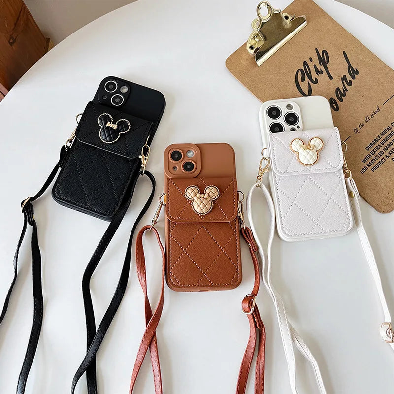 Cartoon Diamond Leather Wallet Soft Case for Iphone 14 13 11 15 Pro Max 12 Mini XS XR X 8 7 plus SE2022 14Pro with Lanyard Cover