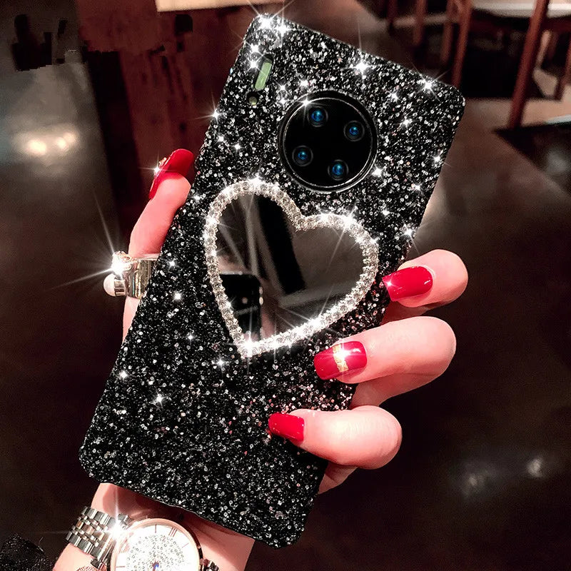 Diamond Heart Mirror Phone Case for  Redmi Note 10 Pro 10S 9 9C Redmi 9T Note 8 8A 7 S2 Hard Plastic Glitter Cover