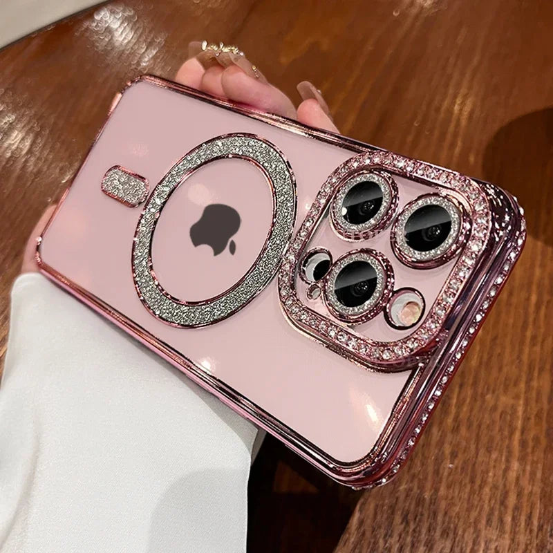 Luxury Pink Diamond Glitter Clear Plating Case for Iphone 15 11 12 13 14 Pro Max plus Magsafe Magnetic Wireless Charging Cover