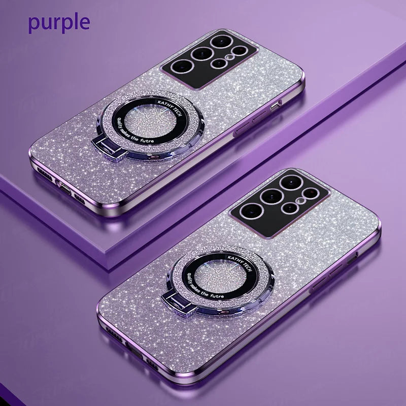 S 24 S24Plus S24Ultra Gradient Glitter Plating Stand Holder Magnetic Case for  Galaxy S24 Ultra plus 5G Magsafe Silicone