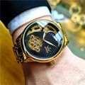 Luxury Stainless Steel Strap Moon Phase Tourbillon Automatic Mechanical Watch with Gold Skeleton Design and Luminous Hands