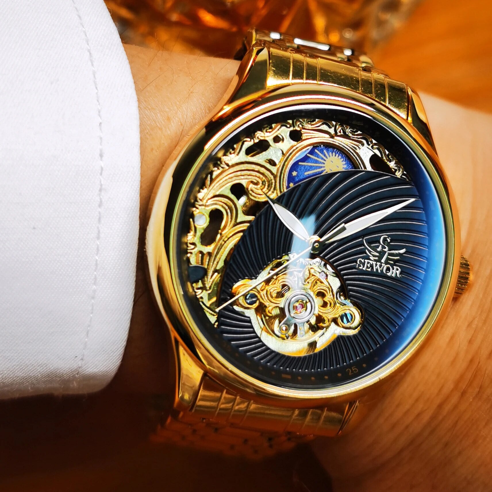 Luxury Stainless Steel Strap Moon Phase Tourbillon Automatic Mechanical Watch with Gold Skeleton Design and Luminous Hands