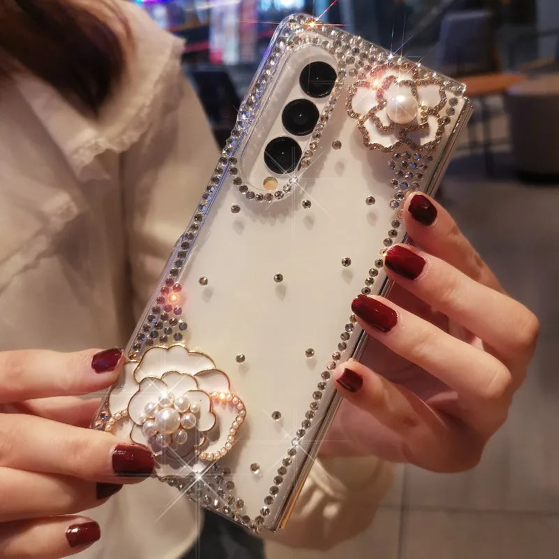 Luxury Diamond Pearl Camellia Phone Cover for  Galaxy Z Fold 5 4 3 2 Bling Rhinestone Flower Transparent Hard PC Case