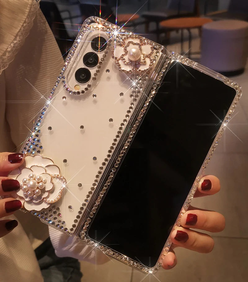 Luxury Diamond Pearl Camellia Phone Cover for  Galaxy Z Fold 5 4 3 2 Bling Rhinestone Flower Transparent Hard PC Case