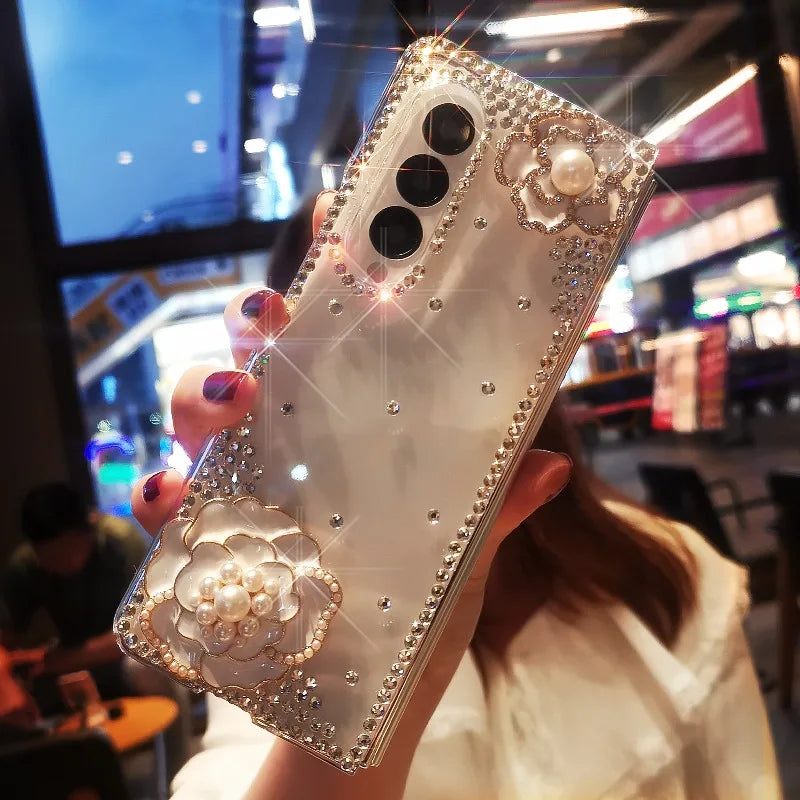 Luxury Diamond Pearl Camellia Phone Cover for  Galaxy Z Fold 5 4 3 2 Bling Rhinestone Flower Transparent Hard PC Case