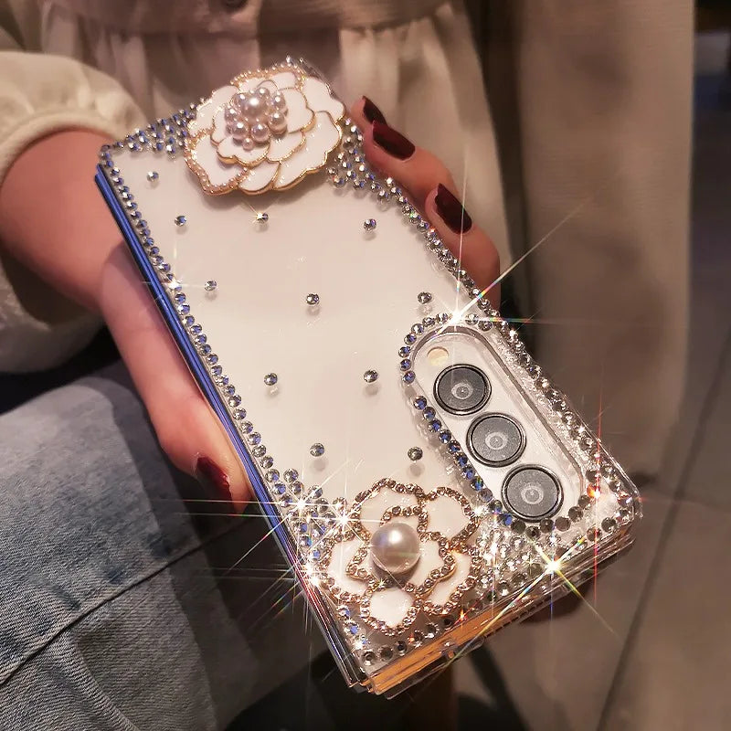 Luxury Diamond Pearl Camellia Phone Cover for  Galaxy Z Fold 5 4 3 2 Bling Rhinestone Flower Transparent Hard PC Case