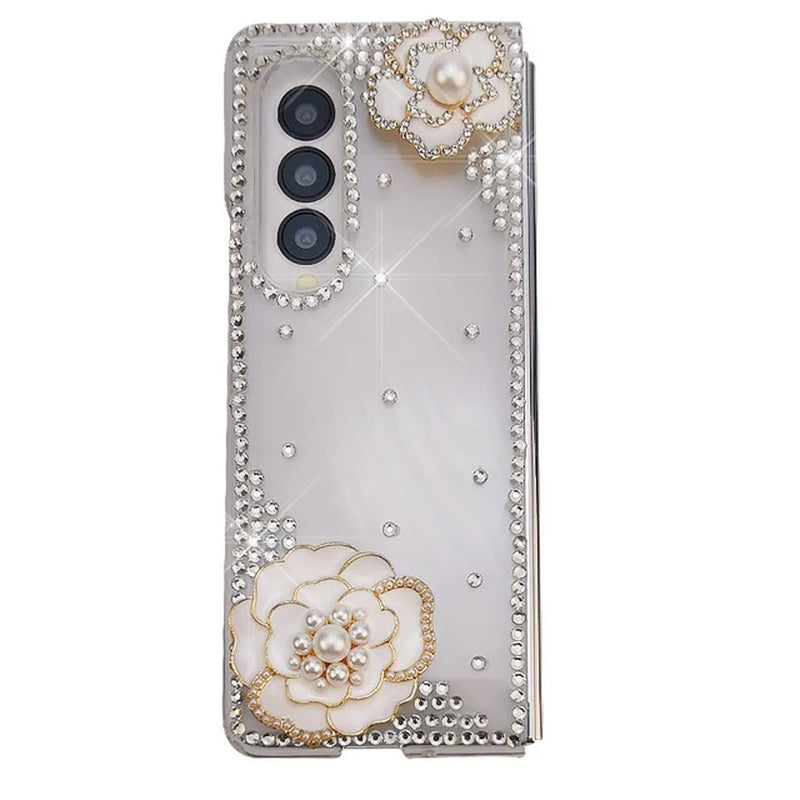 Luxury Diamond Pearl Camellia Phone Cover for  Galaxy Z Fold 5 4 3 2 Bling Rhinestone Flower Transparent Hard PC Case